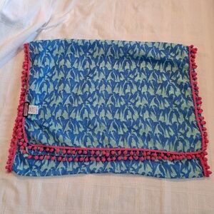Vineyard Vine scarf blue & mint with parrot print with pink pom pom trim, EUC